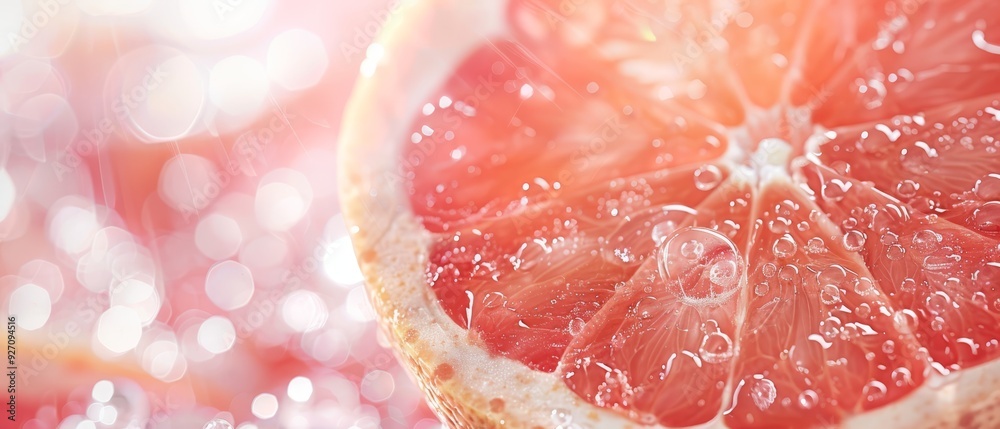 A grapefruit halved rests atop a slice of bread, dripping with water droplets A grapefruit halved rests atop a slice of bread, dripping with water droplets
