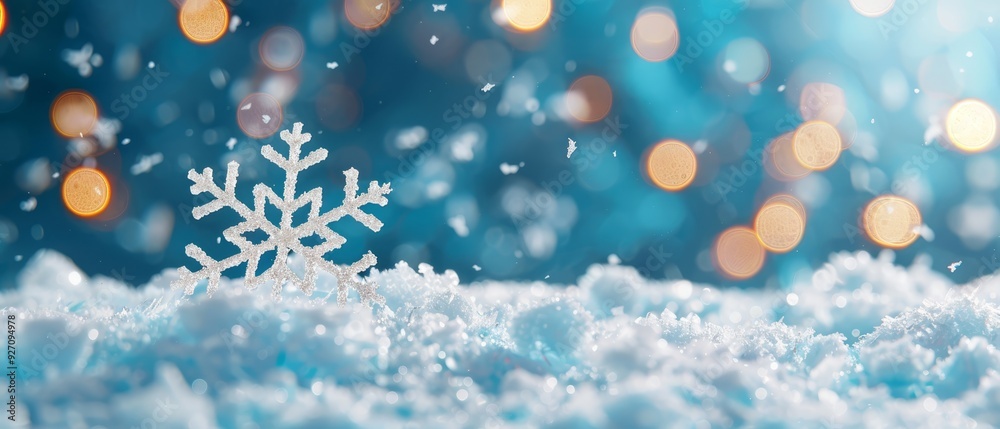 A tight shot of a snowflake atop a snow-covered surface, with twinkling lights in the backdrop and more snowflakes in the front A tight shot of a snowflake atop a snow-covered surface, with twinkling lights in the backdrop and more snowflakes in the front