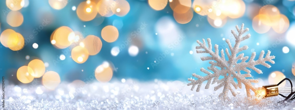 A tiny, pristine snowflake atop a mound of snow, nearby rests a Christmas ornament A tiny, pristine snowflake atop a mound of snow, nearby rests a Christmas ornament