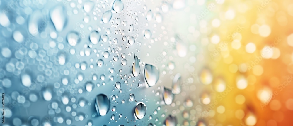 blue, yellow, orange, and red, adorn a window pane with droplets of water blue, yellow, orange, and red, adorn a window pane with droplets of water
