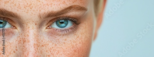  A tight shot of a woman's freckled face, framed by her unruly strands of hair, accentuating her expressive blue eyes photo