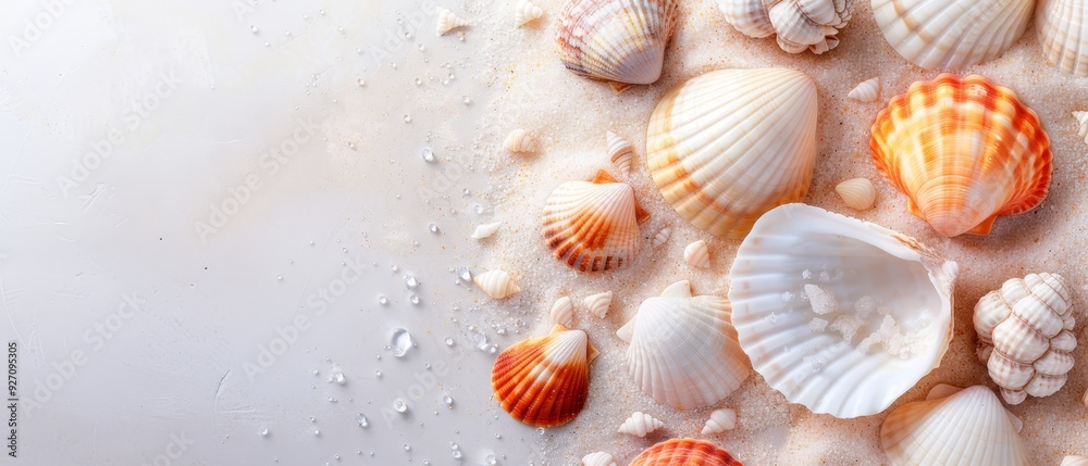A collection of seashells rests atop a sandy beach, adjacent to a body of water Droplets of water cling to their bases A collection of seashells rests atop a sandy beach, adjacent to a body of water Droplets of water cling to their bases