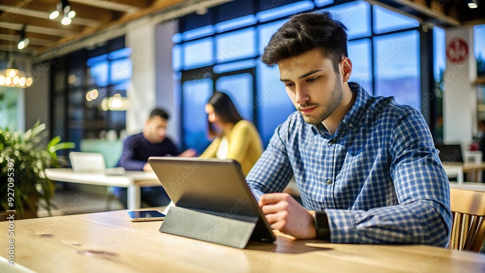 Man Working on Tablet in a Modern Office. Man Working on Tablet in a Modern Office.