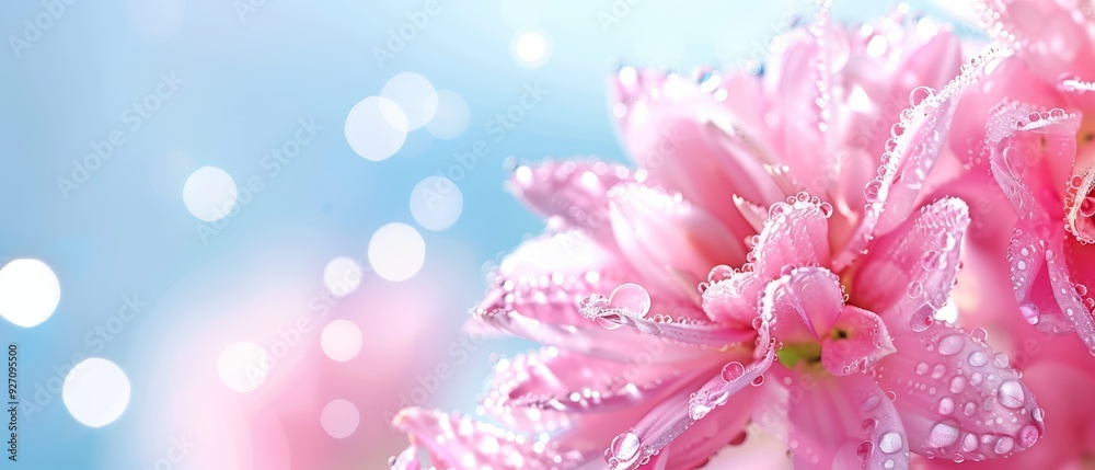  A tight shot of a pink bloom with dew droplets on its petals against a backdrop of a blue sky