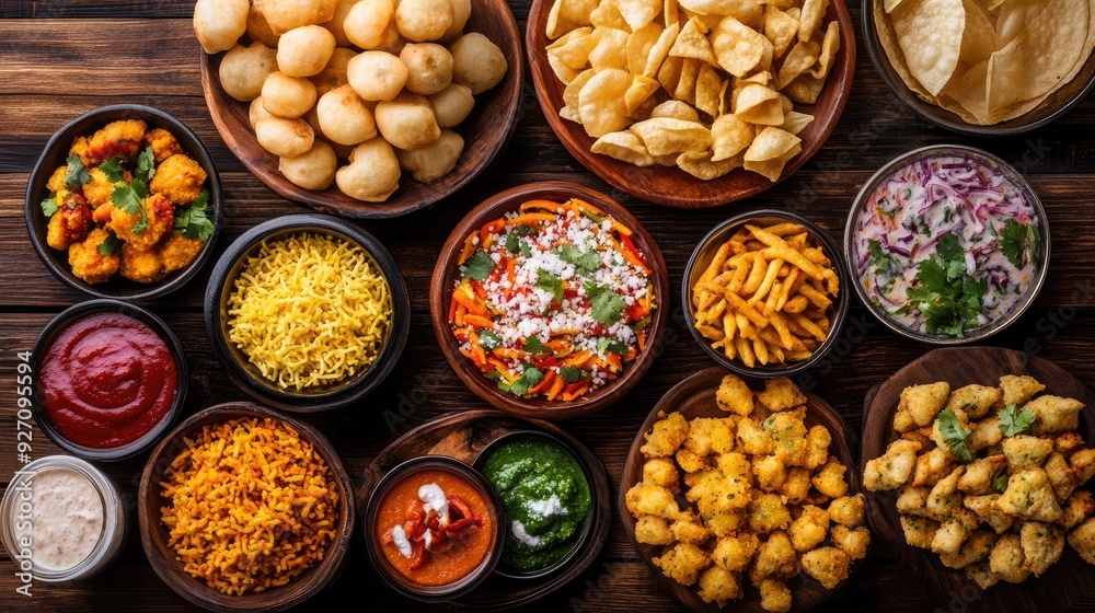 A vibrant top view of Indian street food like pani puri, bhel puri, and samosas, arranged on a rustic wooden table. A vibrant top view of Indian street food like pani puri, bhel puri, and samosas, arranged on a rustic wooden table.