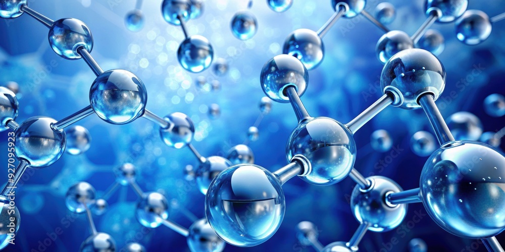 Abstract hydrogen molecules floating on blue background, representing clean energy and chemistry, hydrogen Abstract hydrogen molecules floating on blue background, representing clean energy and chemistry, hydrogen