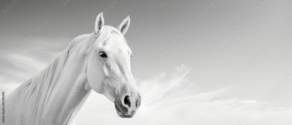 Obraz premium A monochrome image of a white horse against a cloud-filled backdrop