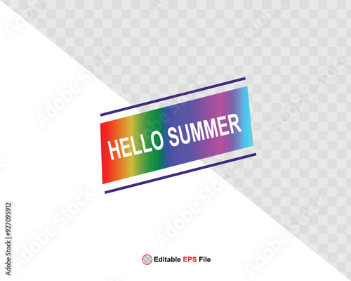 Hello summer button, sun and sale. Vector minimalistic illustration of sun rays, swimming pool with sun lounger and umbrella and tropical palm leaf, orange and sea beach with sand for background