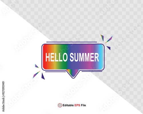 Hello summer button, sun and sale. Vector minimalistic illustration of sun rays, swimming pool with sun lounger and umbrella and tropical palm leaf, orange and sea beach with sand for background