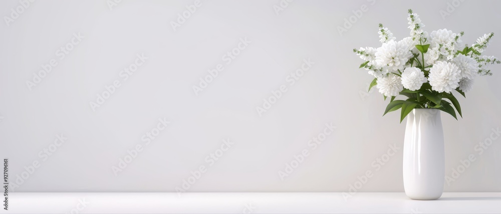A white vase, brimming with white blooms, rests atop a pristine white table Behind, an unblemished white wall stretches A white vase, brimming with white blooms, rests atop a pristine white table Behind, an unblemished white wall stretches