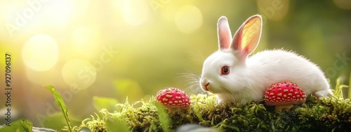  A white bunny sits atop a mossy field, adjacent to two red toadlings before a vibrant green backdrop photo