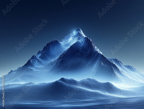 a dramatic scene of a mountain peak with a bright blue sky in the background.