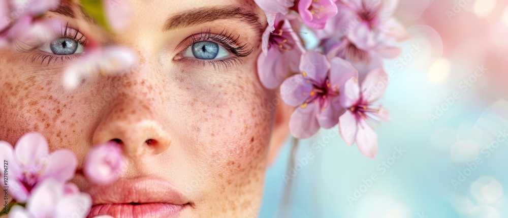 A woman with freckled skin and blue eyes is encircled by pink flowers; their petals likewise bear freckles A woman with freckled skin and blue eyes is encircled by pink flowers; their petals likewise bear freckles