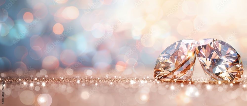 Two diamonds atop a glittering table, adjacent to a blue-and-white wall with backdrop lights Two diamonds atop a glittering table, adjacent to a blue-and-white wall with backdrop lights