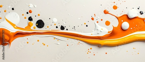  A painting of oranges, whites, and blacks forming swirling patterns against a white and gray backdrop, bottomed by scattered black dots photo