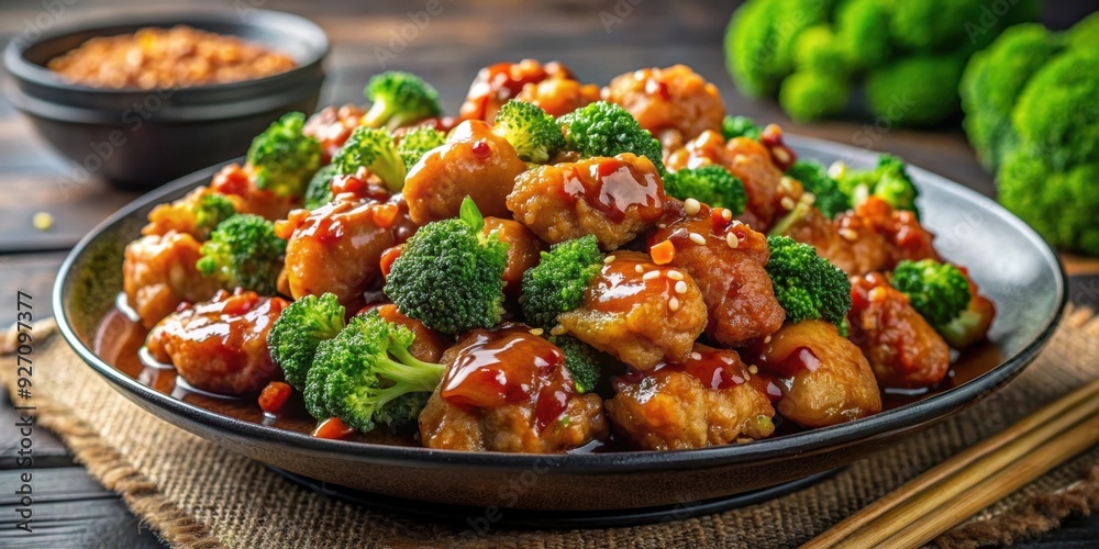Crispy and savory General Tso?s Chicken dish with broccoli and sauce, Chinese food, American-Chinese cuisine, deep-fried Crispy and savory General Tso?s Chicken dish with broccoli and sauce, Chinese food, American-Chinese cuisine, deep-fried