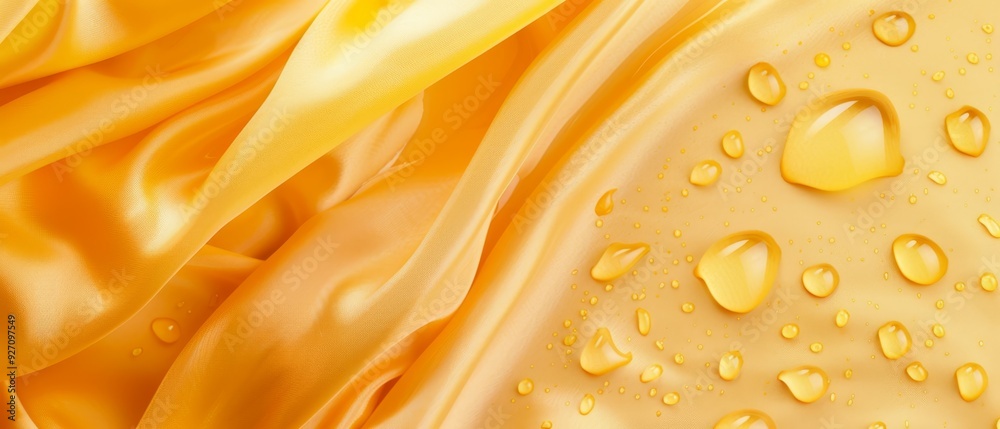 A tight shot of a yellow fabric, adorned with water droplets clinging to its surface beneath A tight shot of a yellow fabric, adorned with water droplets clinging to its surface beneath
