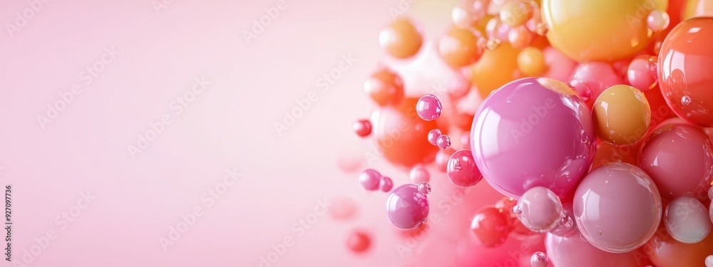 A pink wall serves as backdrop to a group of balloons ascending against a blend of pink and white background A pink wall serves as backdrop to a group of balloons ascending against a blend of pink and white background