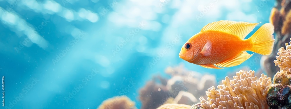 Fototapeta premium A tight shot of a fish against a backdrop of corals and seaweed in the water
