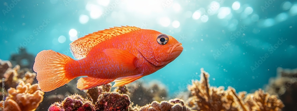 Fototapeta premium A tight shot of a fish near coral against a backdrop of sun-kissed water and a blue sky