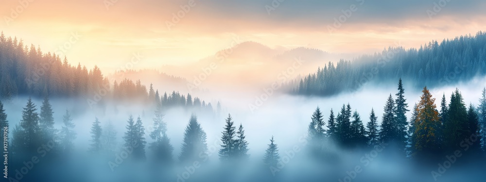 A foggy forest with pine trees in the foreground and a distant mountain, veiled in clouds A foggy forest with pine trees in the foreground and a distant mountain, veiled in clouds