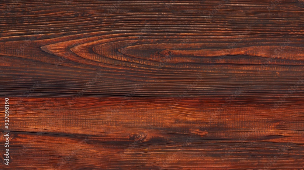 Obraz premium A close-up shot of dark brown wood planks, revealing the natural grain patterns and texture. The wood has a rich, reddish hue and appears to be weathered with age, adding character and depth to the su
