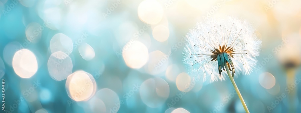 A tight shot of a dandelion against a blurred backdrop, featuring bokeh of soft light circles A tight shot of a dandelion against a blurred backdrop, featuring bokeh of soft light circles