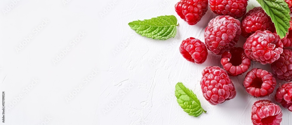 A collection of raspberries with leaves against a white backdrop; a green leaf crowns the berries A collection of raspberries with leaves against a white backdrop; a green leaf crowns the berries