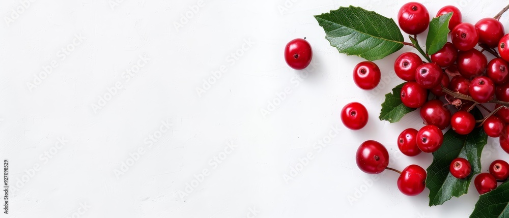 A red berry cluster atop a green leafy branch on a white countertop A red berry cluster atop a green leafy branch on a white countertop