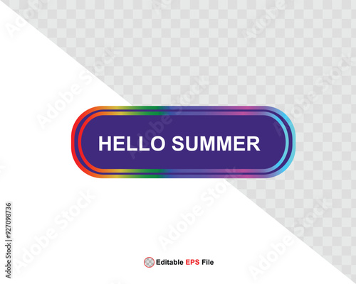 Hello summer button, sun and sale. Vector minimalistic illustration of sun rays, swimming pool with sun lounger and umbrella and tropical palm leaf, orange and sea beach with sand for background