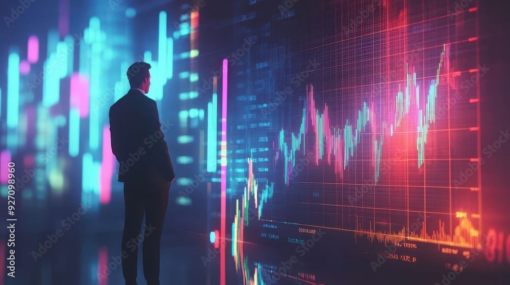 Successful Businessman next to Rising Stock Chart - 3D Illustration of Investment and Financial Growth Successful Businessman next to Rising Stock Chart - 3D Illustration of Investment and Financial Growth
