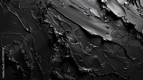 A close-up shot of black paint applied in thick, textured strokes, creating an abstract and visually interesting pattern. The light catches the peaks and valleys of the paint, revealing subtle variati photo