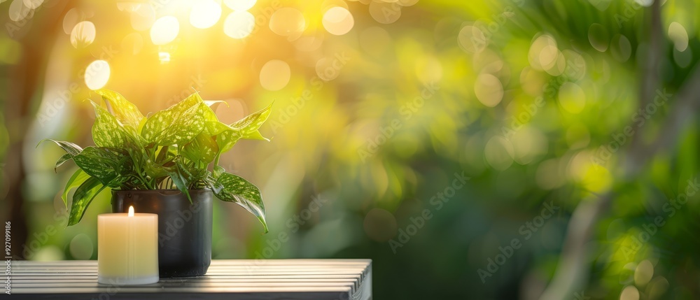 Two white candles atop a wooden table, one next to a potted plant Two white candles atop a wooden table, one next to a potted plant