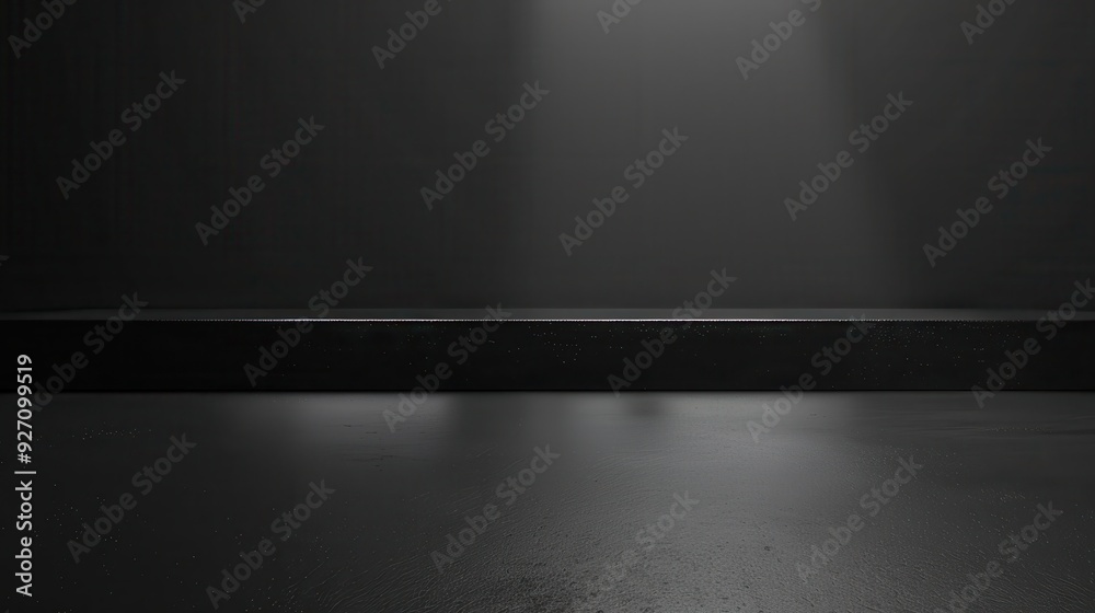 A narrow platform rests on a dark grey concrete floor. A single beam of light shines down onto the platform from above, creating a stark contrast. A narrow platform rests on a dark grey concrete floor. A single beam of light shines down onto the platform from above, creating a stark contrast.