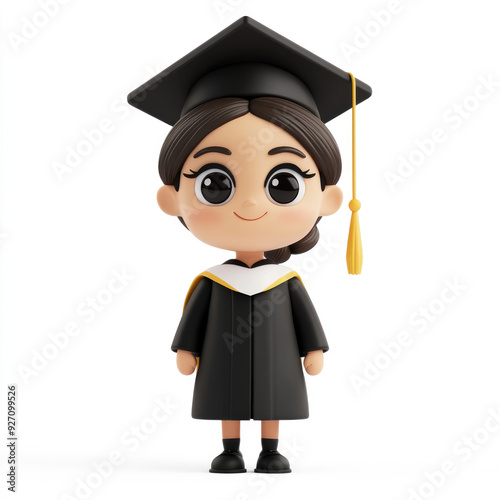 3D cartoon, a girl with a graduation uniform. on a solid white background