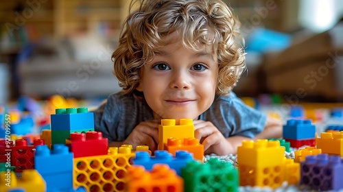 American kid playing with building blocks on the floor