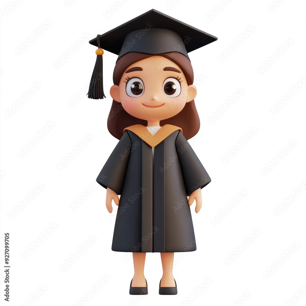3D cartoon, a girl with a graduation uniform. on a solid white background 3D cartoon, a girl with a graduation uniform. on a solid white background