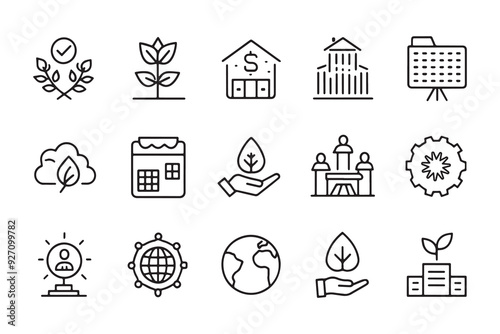 ESG environmental, social and corporate governance related , black 15 pcs icons set isolated on white background flat vector illustration. photo