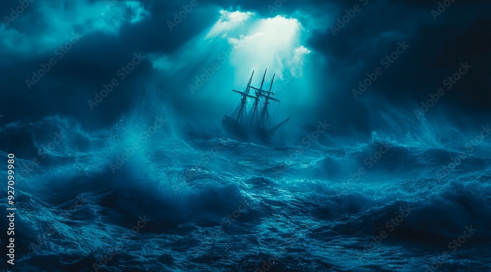 A ship in a stormy sea with a light shining through the clouds A ship in a stormy sea with a light shining through the clouds