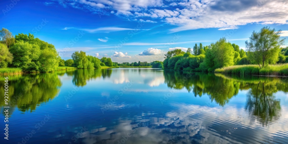 Obraz premium A serene landscape with lush greenery and a crystal clear lake reflecting the blue sky above, nature, environment, scenic