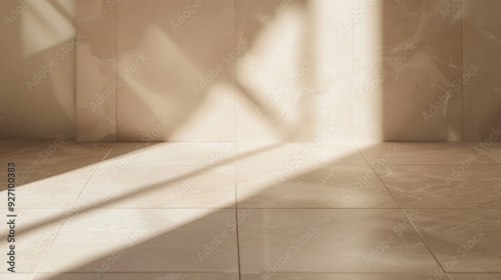 Sunlight streams through a window, casting long shadows onto the tiled floor. The light is soft and warm, creating a calming and peaceful atmosphere.