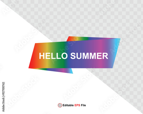 Hello summer button, sun and sale. Vector minimalistic illustration of sun rays, swimming pool with sun lounger and umbrella and tropical palm leaf, orange and sea beach with sand for background