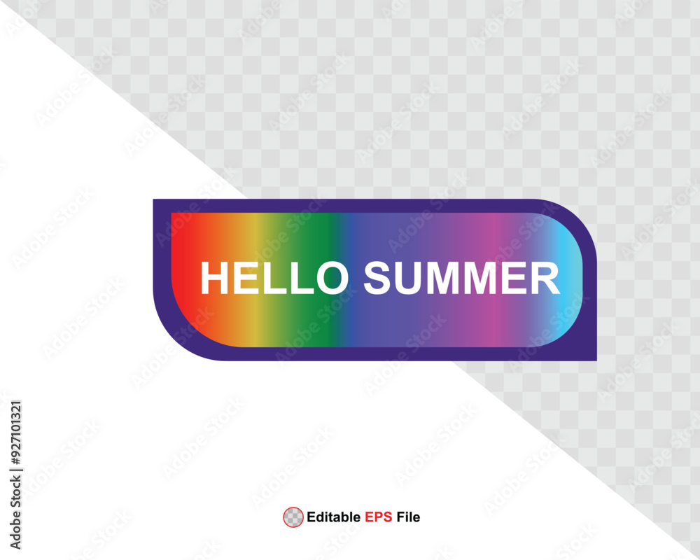 Obraz premium Hello summer button, sun and sale. Vector minimalistic illustration of sun rays, swimming pool with sun lounger and umbrella and tropical palm leaf, orange and sea beach with sand for background