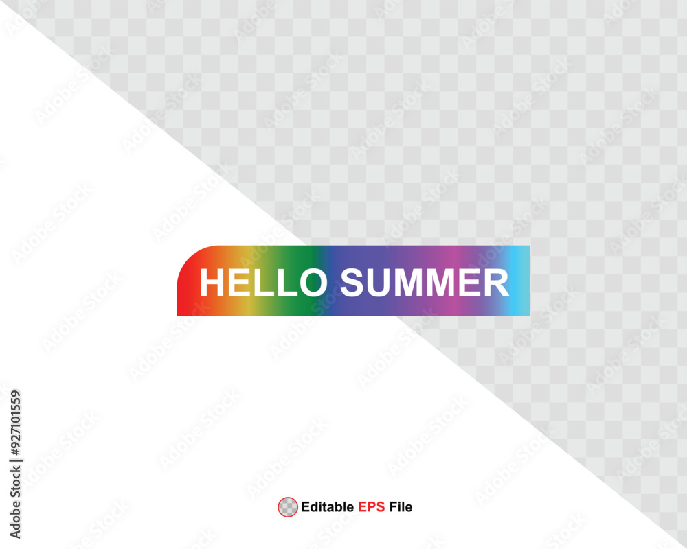 Obraz premium Hello summer button, sun and sale. Vector minimalistic illustration of sun rays, swimming pool with sun lounger and umbrella and tropical palm leaf, orange and sea beach with sand for background