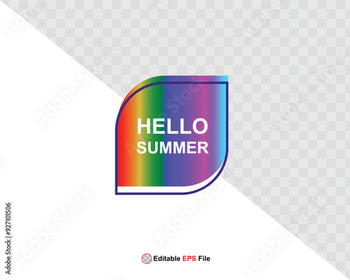 Hello summer button, sun and sale. Vector minimalistic illustration of sun rays, swimming pool with sun lounger and umbrella and tropical palm leaf, orange and sea beach with sand for background