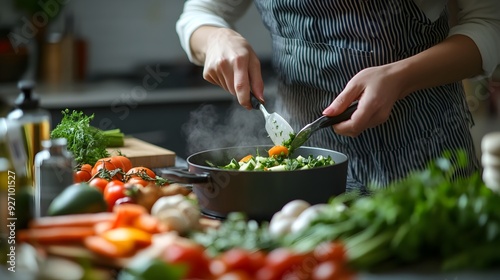 Gesunde Küche: Person bereitet eine nahrhafte Mahlzeit in einer modernen Küche zu photo