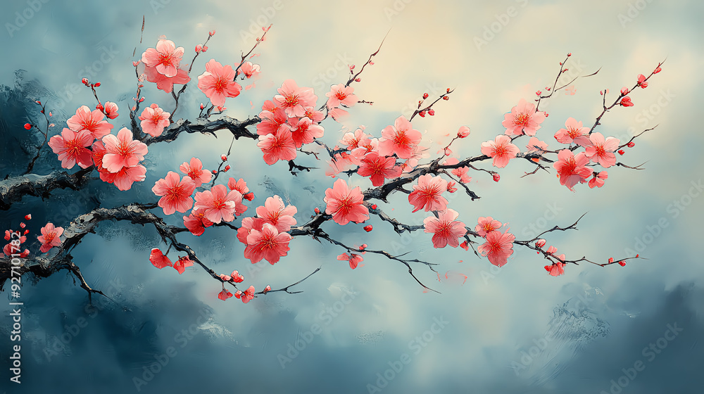 Delicate pink cherry blossoms blooming on a branch against a soft blue sky. Delicate pink cherry blossoms blooming on a branch against a soft blue sky.