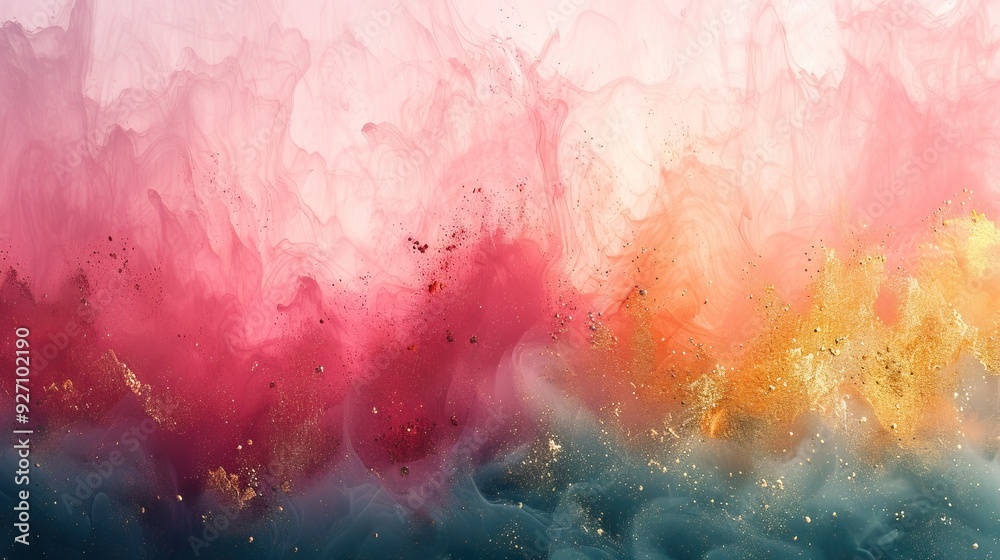 Fototapeta premium The abstract design features gold, pink, and green splashes on a white background, forming random and aesthetically pleasing shapes.