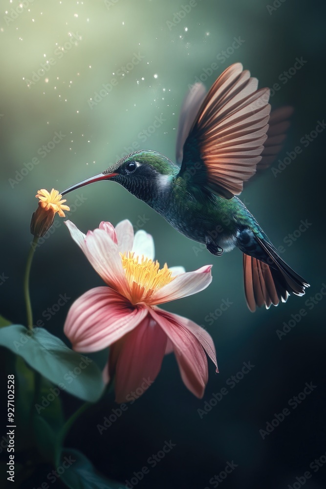 Obraz premium Hummingbird over pink flowers