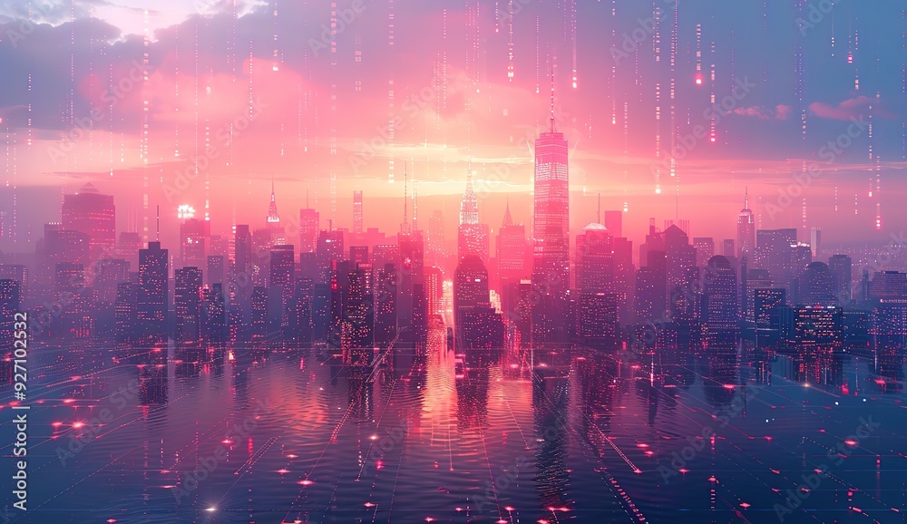 Fototapeta premium A city skyline with a pink sky and a pink ocean